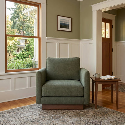 Highland Accent Chair in Canna Forest Green fabric colorway room setting - accent chair private label - Whats New Furniture Portland OR