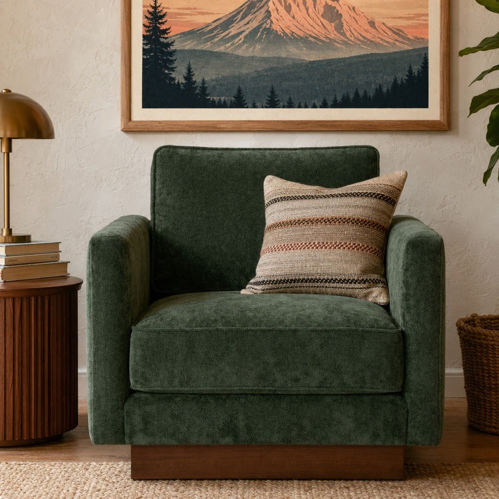 Highland Modern Accent Chair – Forest Green or Linen Upholstery with Walnut Legs