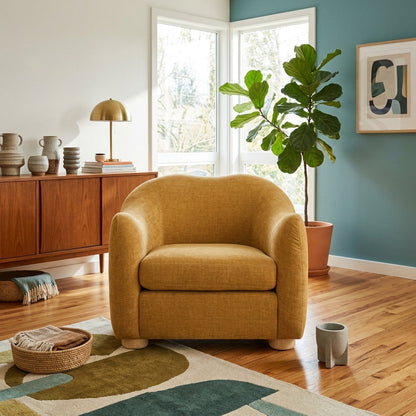 Joss Armchair in Toffee fabric closeup - mid-century cocooning armchair private label - Whats New Furniture Portland OR