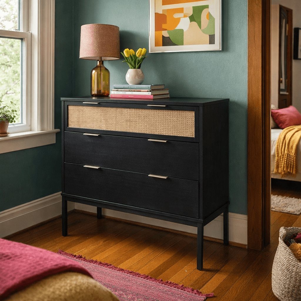 Caine Modern Chest of Drawers with Rattan Panels and Black Frame
