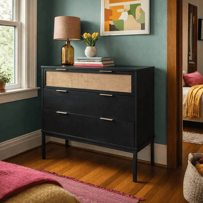 Caine Modern Chest of Drawers with Rattan Panels and Black Frame