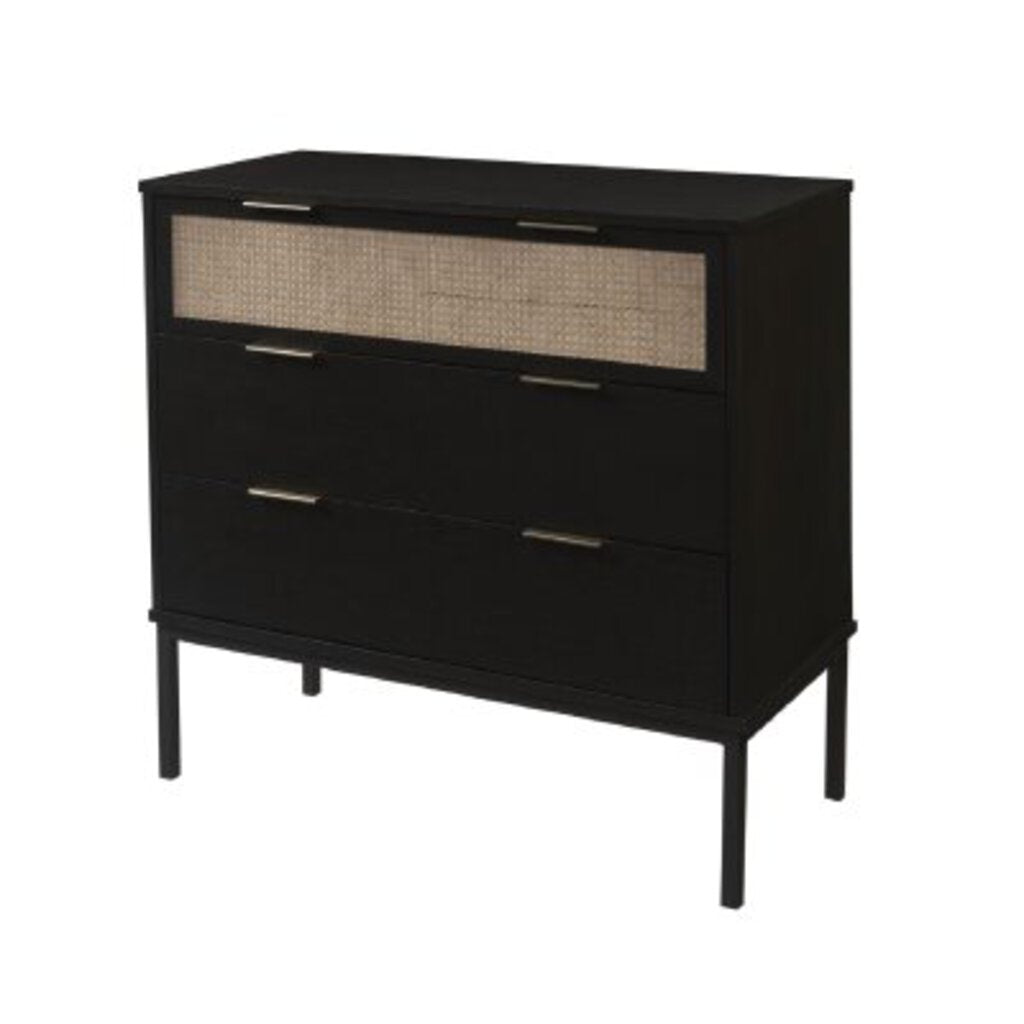 Caine Modern Chest of Drawers with Rattan Panels and Black Frame