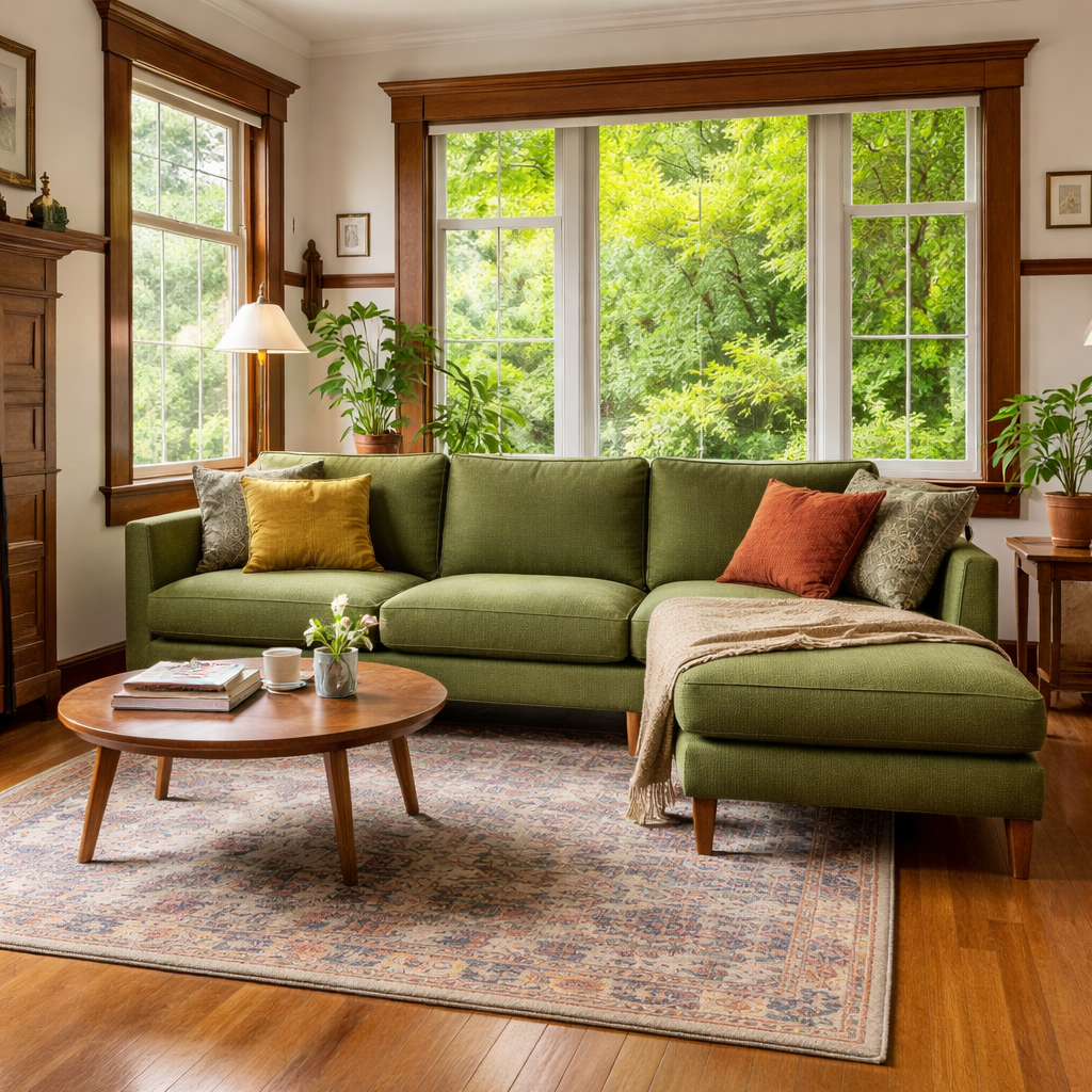 Oasis Open Chaise Sectional in Vintage Moss styled in a Portland craftsman living room - Whats New Furniture