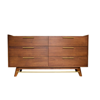 Denali Rainier Mid-Century Walnut Double Dresser with Brass Accents
