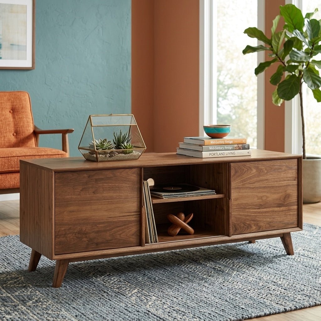 Sedona Modern Media Cabinet in Walnut room setting - walnut media cabinet by Unique Furniture - Whats New Furniture Portland OR