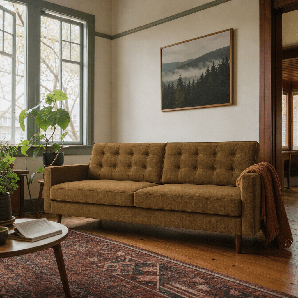 Vogue Modern Sofa in Zayn Bronze styled in a bright Portland mid-century modern living room - Whats New Furniture