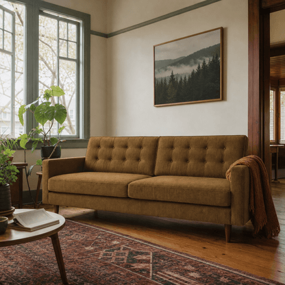 Vogue Modern Sofa in Zayn Bronze styled in a bright Portland mid-century modern living room - Whats New Furniture
