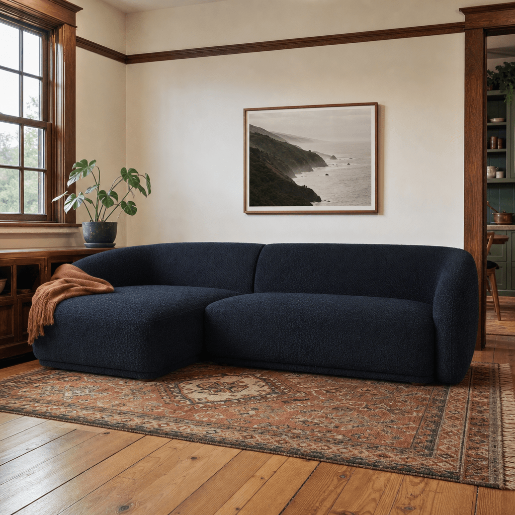 Finn LHF Chaise Sectional in Olana Black styled in a bright Portland mid-century modern living room - Whats New Furniture