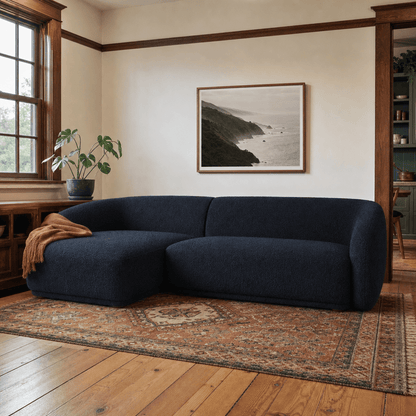 Finn LHF Chaise Sectional in Olana Black styled in a bright Portland mid-century modern living room - Whats New Furniture